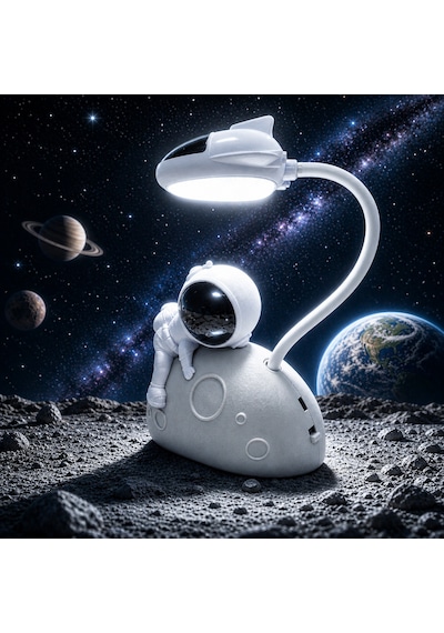 Özeltasarım Ay Üstünde Beyaz Astronotlu Gece Lambası Beyaz Led Işıklı Astronotlu Masa Lambası Şarjlı