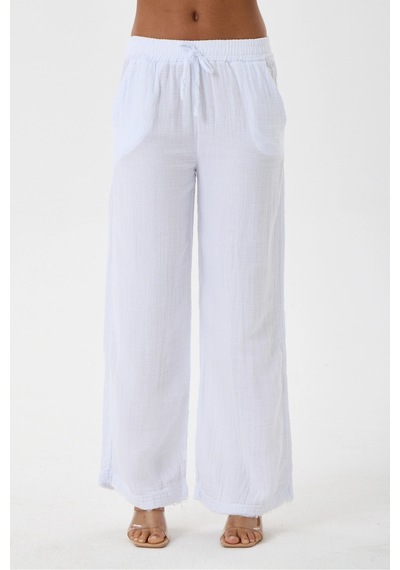 Dıanna Kadın Beli Lastikli Wide Leg Müslin Pantolon %100 Pamuk Geniş Bol Paça Rahat Ofis & Günlük Stil Beyaz