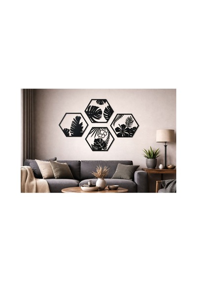 Arliadesign 4 Parçalı Petek Şeklinde Modern Çiçek Bahçesi Ahşap Tablo Seti / Duvar Dekoru / Siyah 3 Mm Mdf