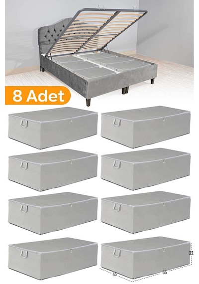 Serstil 8 Adet - Gri Büyük Boy Baza Altı Ve Çekyat Tipi Hurç 65 X 45 X 22 Cm
