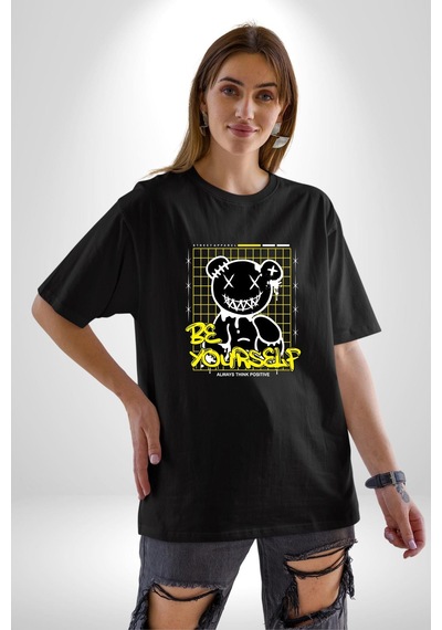 Kendin Ol Pamuklu Bisiklet Yaka Unisex Oversize Boyfriend Dijital Baskılı Siyah T-shirt Siyah