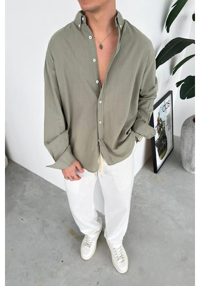 Haki Oversize Fresh Keten Gömlek Haki