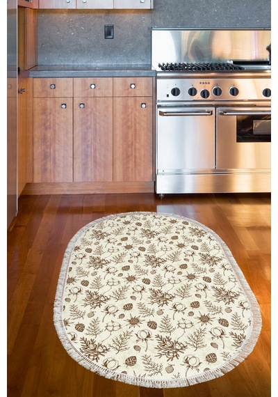 Alanur Home Kaymaz Dijital Mutfak & Salon Halı Trend Saçaklı Oval Vintage Al5012 Bej