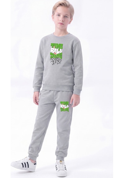 Fyk Kids 3 İplik Baskılı Erkek Çocuk Çift Cepli Bisiklet Yaka Eşofman Takımı Gri