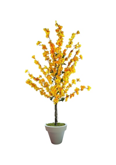 120cm Sarı Bahar Dalı Beyaz Plastik Saksıda Yeşil