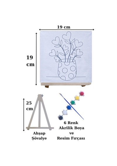 Saksıda Çiçek Tuval Boyama Aktivite Seti 19x19 Cm Tuval, Şövale, Fırça Ve 6 Renk Akrilik Boya Seti