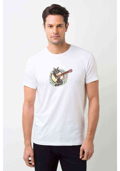 Black Cat Playing The Guitar Baskılı Beyaz Erkek Tshirt