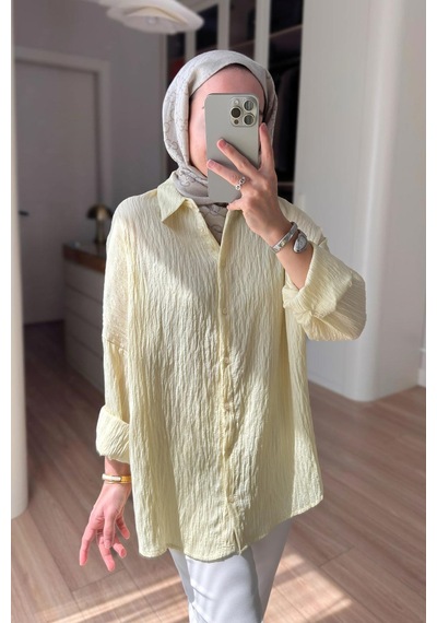 Kahijab Nakışlı Pul Detay Oversize Gömlek - Sarı