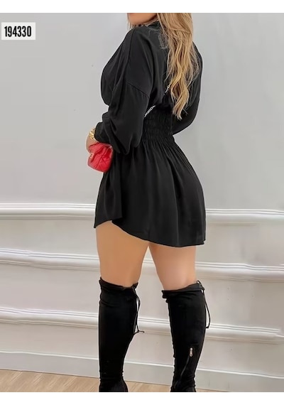 Kadın Uzun Kollu Yakalı Beli Lastikli Trikoton Elbise Siyah