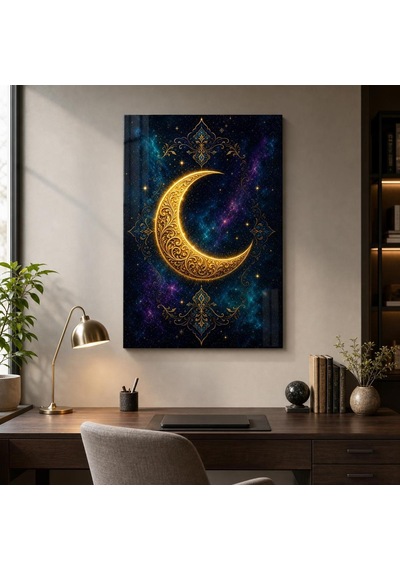 Altın Hilal Desenli Baskılı Cam Tablo Uv Baskı Dekoratif Duvar Tablosu