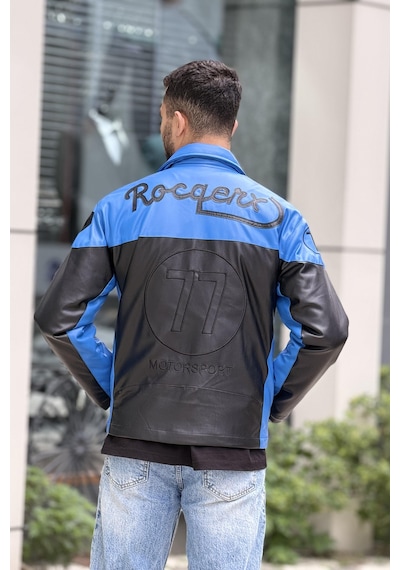 Rocqerx X-2024 Nakış Detaylı İçi Kapitoneli Deri Mont Mavi