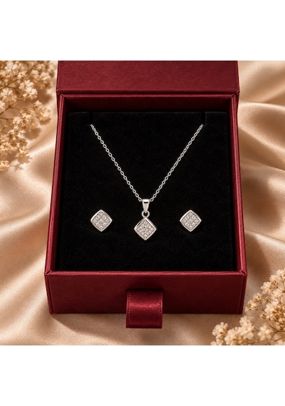 Servi 925 Ayar Gümüş Modern Kare Zirkon Taşlı Kolye Ve Küpe Set-515