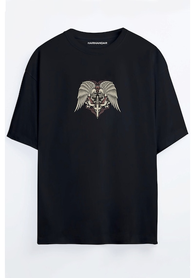 Kılıc Iskelet Baskılı Unisex Siyah - Beyaz - Turuncu - Bej Oversize T-shirt SIYAH