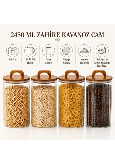 Tr 2450 Ml Zahire Kavanozu 4'lü Set, Ahşap Kapaklı Kulplu Cam Erzak Saklama Kabı, Bakliyat Makarna Kahve Kuruyemiş Diğer