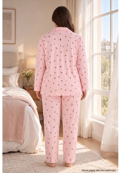 Seboteks Waffle Kumaş Önden Düğmeli Uzun Kollu Büyük Beden Kadın Pijama Takımı 3596 Pembe
