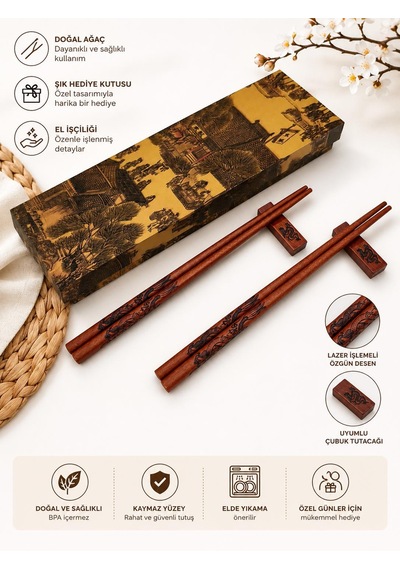 Valkyrie Doğal Ahşap Yemek Çubuğu Seti 2 Çift Ejderha Desenli Çubuk Tutacaklı Kutulu 22,9 Cm Chopstick Seti