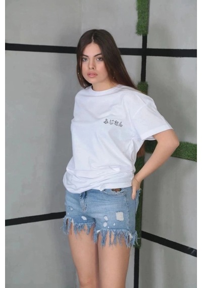 Freedom Storee Kadın Bisiklet Yaka Baskılı Kısa Kol Oversize T-shirt- Beyaz Çok Renkli