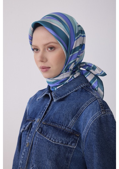 Belli Geometrik Desen İpek Twill Eşarp - 2026 İlkbahar-yaz T 4311 Mavi-Lacivert