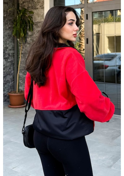 Tommy Life Fiesta Yarım Fermuar Etek Ucu Büzgülü Dik Yaka Oversize Kadın Polar Sweatshirt - 97236 Kırmızı
