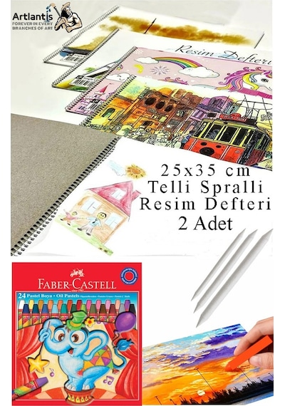 24 Renk Pastel Boya 25x35 Cm Telli Spralli Resim Defteri Pastel Dağıtma Kalemi 15 Yaprak Resim Defteri Yağlı Pastel Çok Renkli