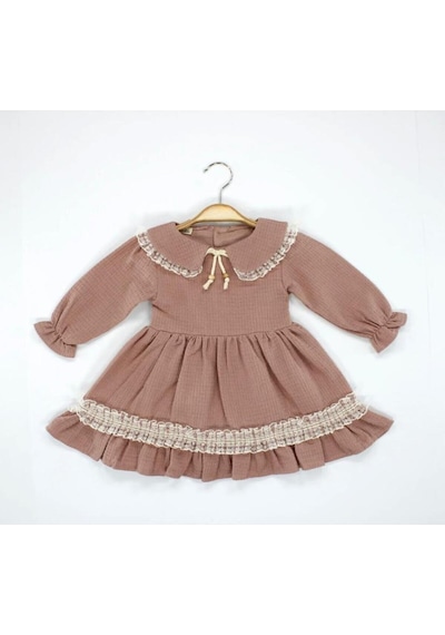 Babyhola Bayramlık Kız Bebek Elbise Dantel İşlemeli Bebe Yaka Vintage Müslin 2017 Gül Kurusu