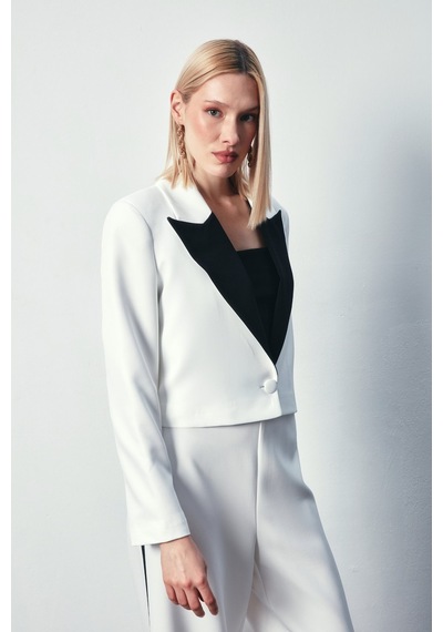 Sateen Kontrastlı Kısa Ceket - Ekru