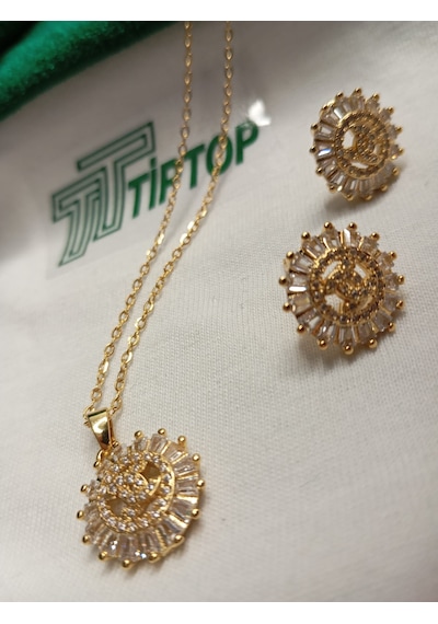 Tiptop/ Gold Renk Zirkon Taşlı Güneş Model Kolye Ve Küpe Set Gold