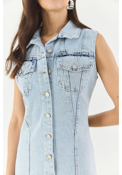 Shade Kadın Belden Oturan Cepleri Kapaklı Sıfır Kollu Düğmeli Denim Elbise 3575 60283288 - Buz Mavisi