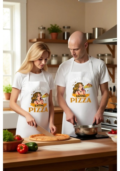 Kadın Unisex Mutfak Aşçı Önlüğü Pizza Temalı Vintage Baskı Rahat Beyaz