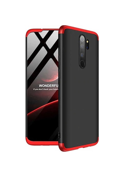 Noktaks - Redmi Note 8 Pro Uyumlu Kılıf Parmak İzi Tutmayan Alt Üst Geçmeli 3 Parça Ays Kapak - Siyah-kırmızı - T10537