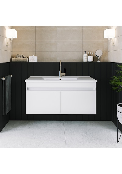 Banos Ld3 Ayaksız 2 Kapaklı Lavabolu Beyaz 100 Cm Banyo Dolabı Beyaz