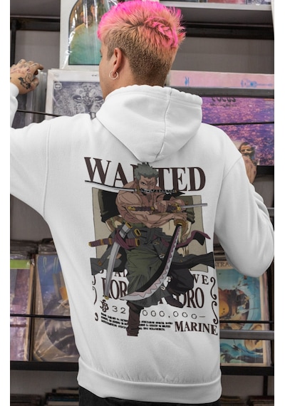 Sevbano Wanted Roronoa Zoro One Piece Anime Sırt Baskılı Unisex Oversize beyaz