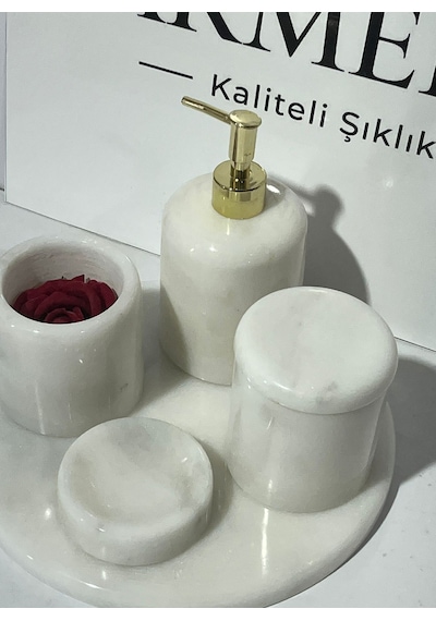 Akmera Elite 5 Parça %100 Gerçek Mermer Banyo Seti Beyaz - Gümüş