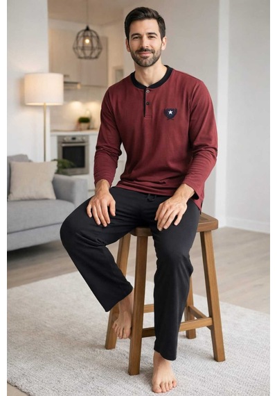 Tenra Erkek Pijama Takımı %100 Pamuk Uzun Kol Bordo