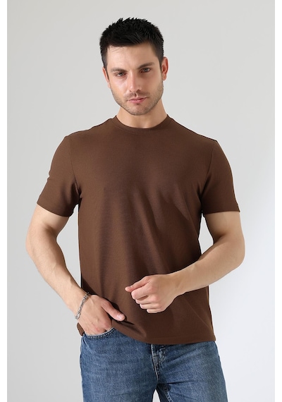 Erkek Fitilli Slim Fit Bisiklet Yaka Düz Renk T-shirt Kahverengi