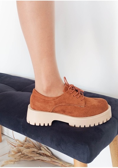 Taba Renk Süet Bağcıklı Kalın Taban Kadın Loafer Ayakkabı 001