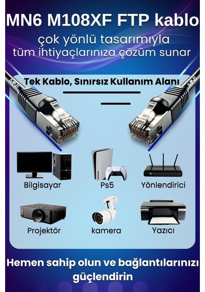 MN6 M108XF Cat6 FTP Ethernet Kablosu 305 Metre Dış Mekan UV Korumalı Çift Katmanlı PE+PVC Parazit Önleyici 23AWG 0.60mm
