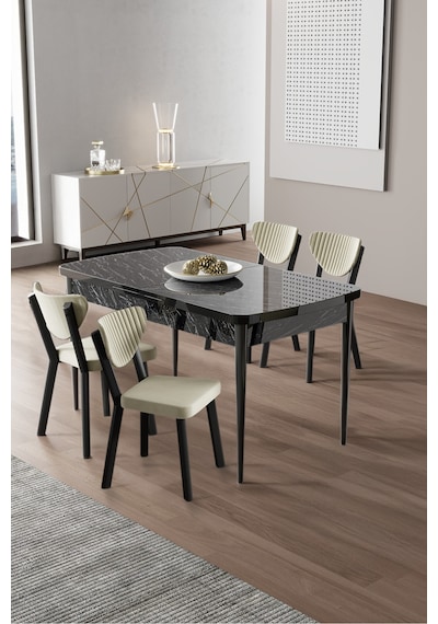 Canisa Exve Serisi 80x132 Açılabilir Siyah Mermer Desen Masa Takımı Ve 4 Krem Sandalye Masa Barok Ahşap Desen Sandalye Krem Canisa Exve Serisi 80x132 Açılabilir Siyah Mermer Desen Masa Takımı Ve 4 Krem Sandalye Masa Barok Ahşap Desen Sandalye Krem