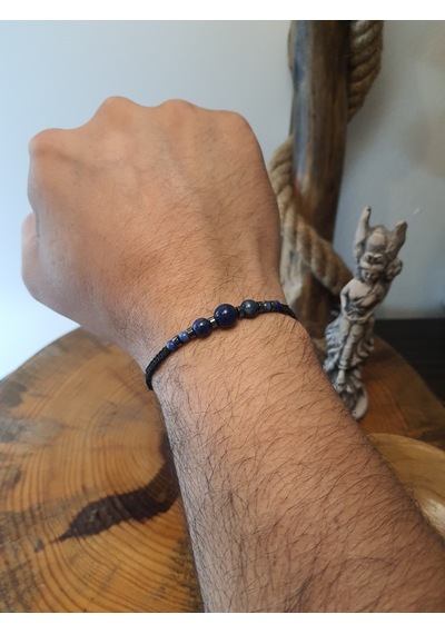 Jtss26blk1870 Lapis Lazuli Ve Hematit Doğaltaş Makrome İp El Örmesi Sarı Gold Siyah Unısex Bileklik Garantili Kutulu Janti Bileklik