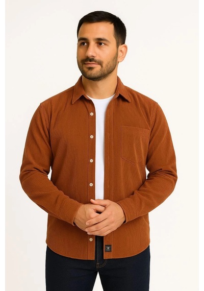 Ertaştrendstore Erkek Fitilli Kadife Cepli Gömlek Oversize Rahat Kalıp - Kahverengi Çoklu Renk
