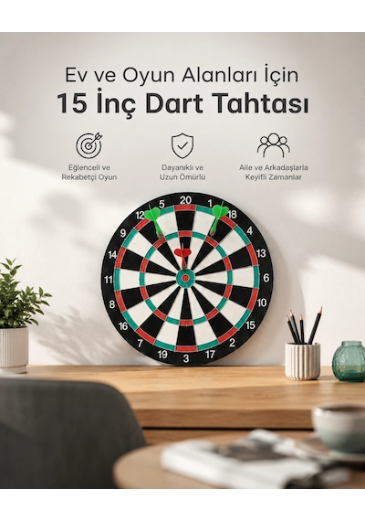 Mey İthalat 15 İnç Büyük Boy Dart Tahtası Ev Oyun Seti 4 Adet Metal Uç Oklu