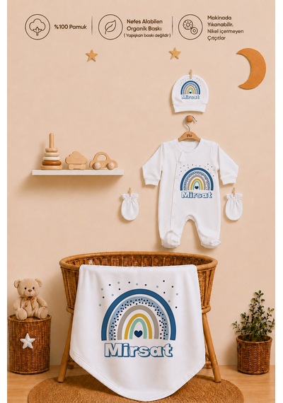 Pia Baby Kişiye Özel Erkek Bebek Tulum Set 4 Parça %100 Pamuk İsimli Organik Baskılı Battaniyeli 1091bt0x Krem