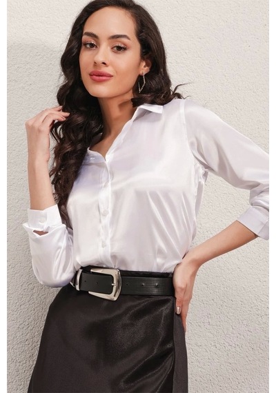 Defymoda 3964 Hafif Dökümlü Saten Gömlek - Beyaz Beyaz