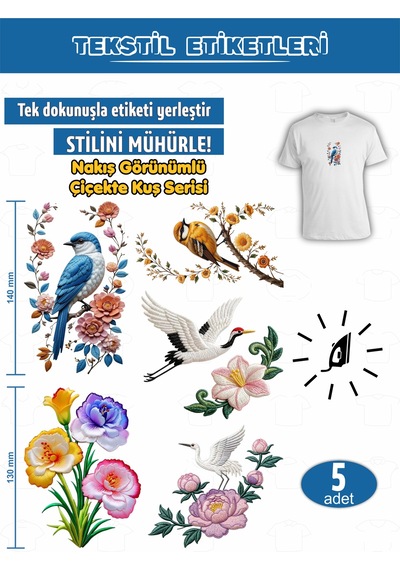 Ütü İle Yapışan Kıyafet Etiketi Nakış Görünümlü Çiçekte Kuş Seri 5lı Set Karışık