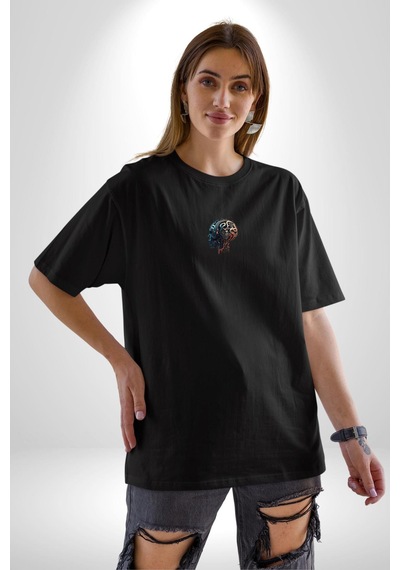 Robot Kafası Kız Siyah Oversize Unisex Ön Orta Minimal Baskılı Tişört Siyah