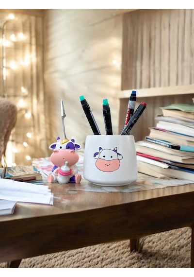 Set Mor Kawaii Sevimli İnek Fotoğraf Tutucu Not Tutacak Kalemlik Ofis Seti Hediyelik Mor İnek Milka