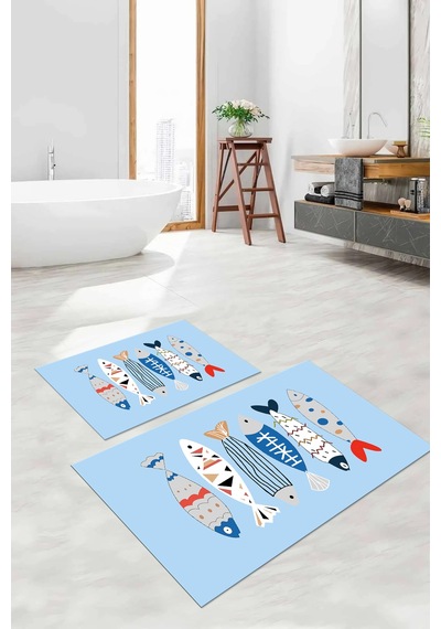 Buççin Online Mağaza Dijital Baskılı Yıkanabilir Renkli Balık Desenli Banyo Paspası Klozet Takımı Polyester Mavi Çok Renkli