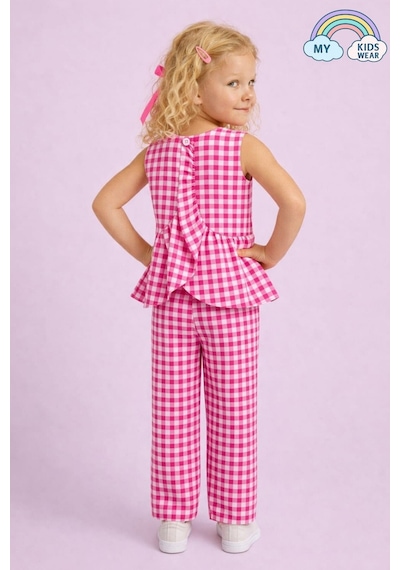 My Kids Wear Kız Çocuk Pötikareli Peplum Bluz Ve Pantolon Takımı 12691 Fuşya