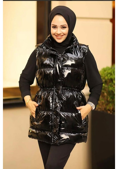 Hb Harma Time Butik Kadın Çıt Çıtlı Fermuarlı Cepli Siyah Parlak Şişme Yelek