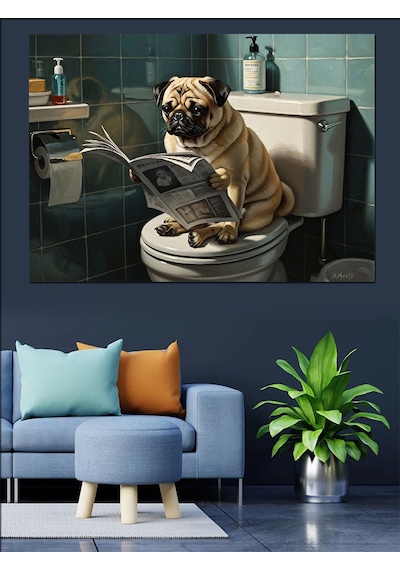 Ahşap Tablo Gazete Okuyan Komik Pug Köpek
